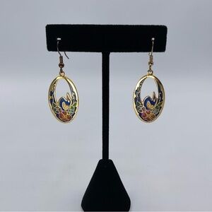 VTG Earrings Cloisonne Bird Flower Gold Tone 80s Jewelry Retro Gift Floral Blue